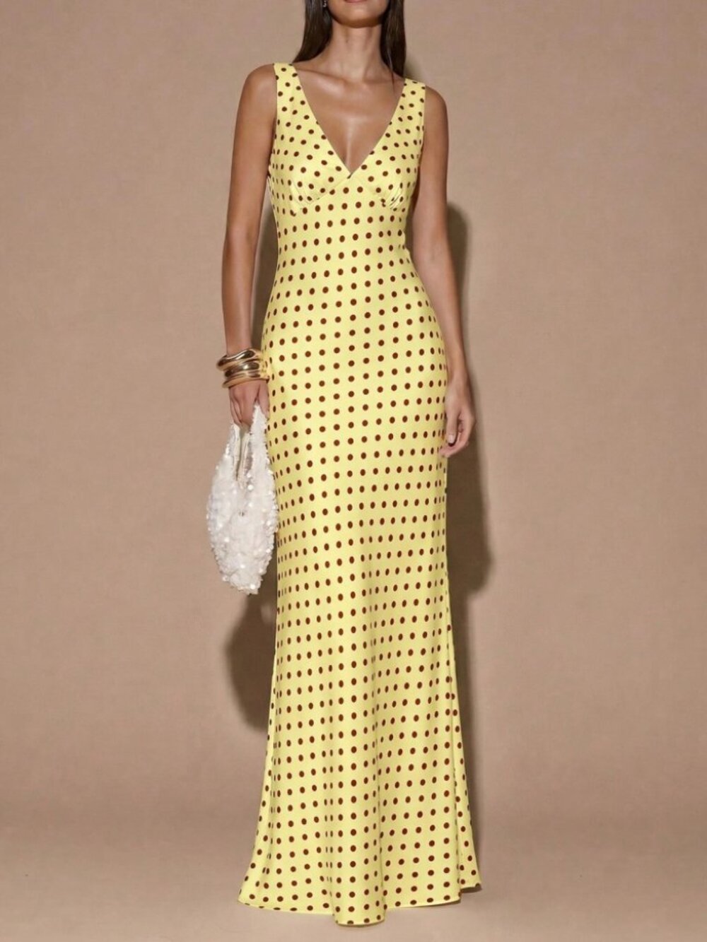 Yellow Polka Dot V-Neck Maxi Dress
